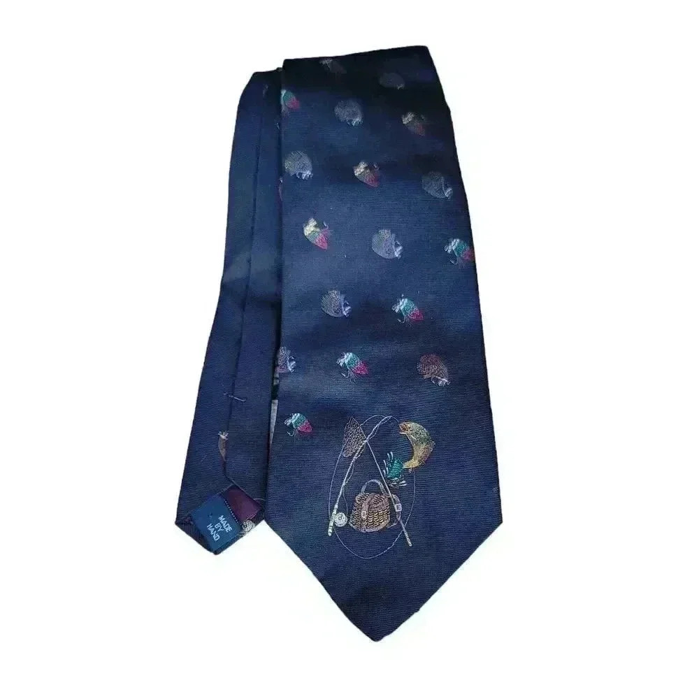 Polo Ralph Lauren blue Fishing Tie 100% Silk Hand Made In USA Vintage